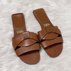 Zara Flat Crossed Brown Leather Sandals Slip On Open Toe Flats Boho Resortwear